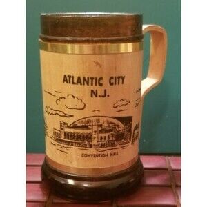 Vintage 1970s NANCO Atlantic City NJ Souvenir Wood & Amber Glass Mug 5"h 3" Dia